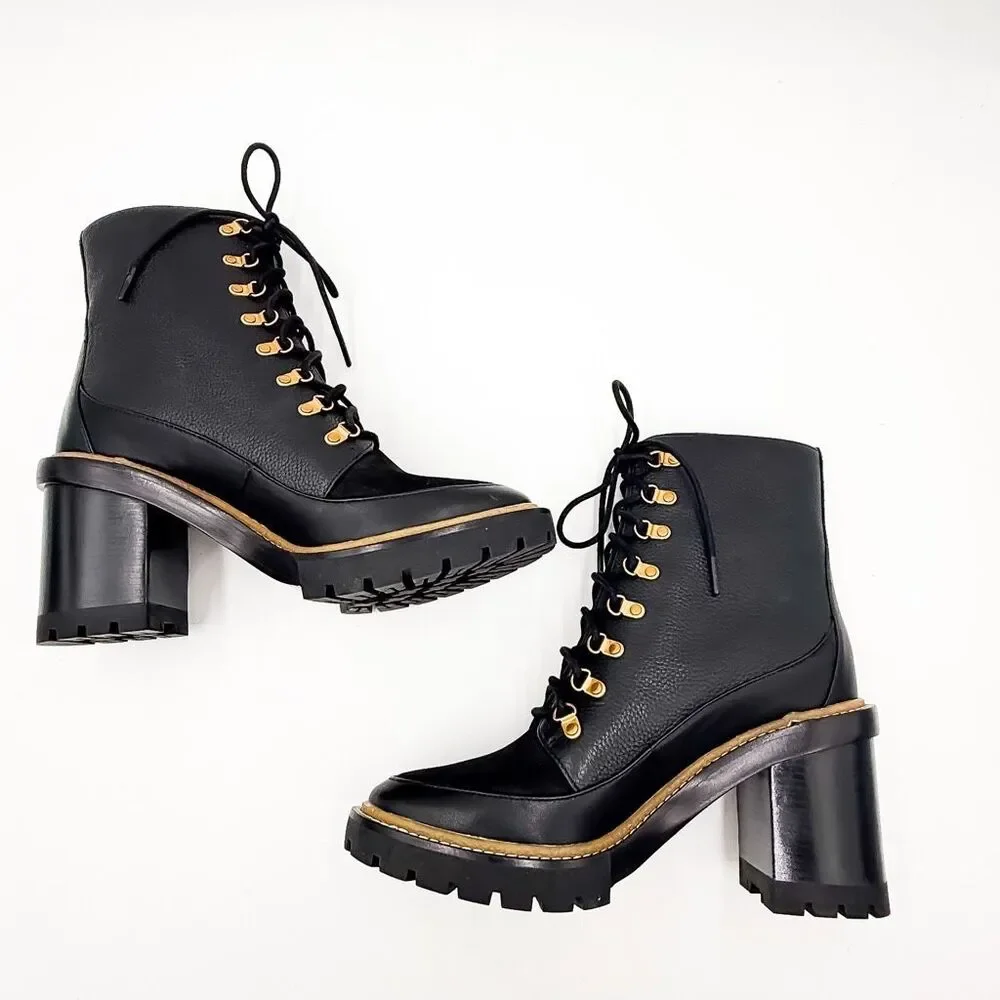 Tory Burch Miller Leather Lace Up Boots Lug Sole Black Leather Size 10
